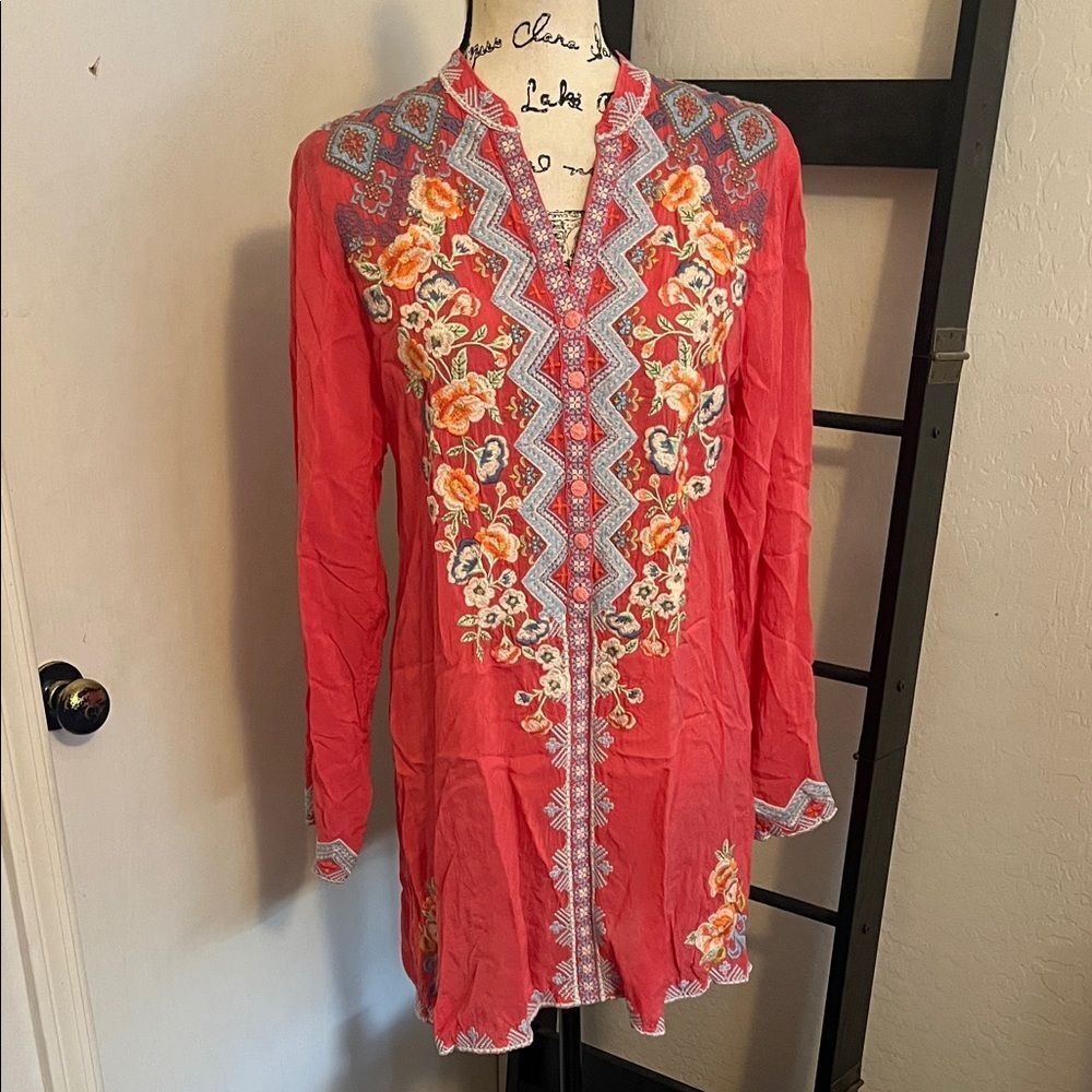 Johnny Was Harlow Floral V-Neck Embroidered Tunic Top Bohemian Cottagecore - Picture 5 of 16